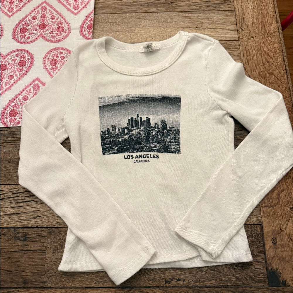 Zara White Long Sleeve Tee with Black Print